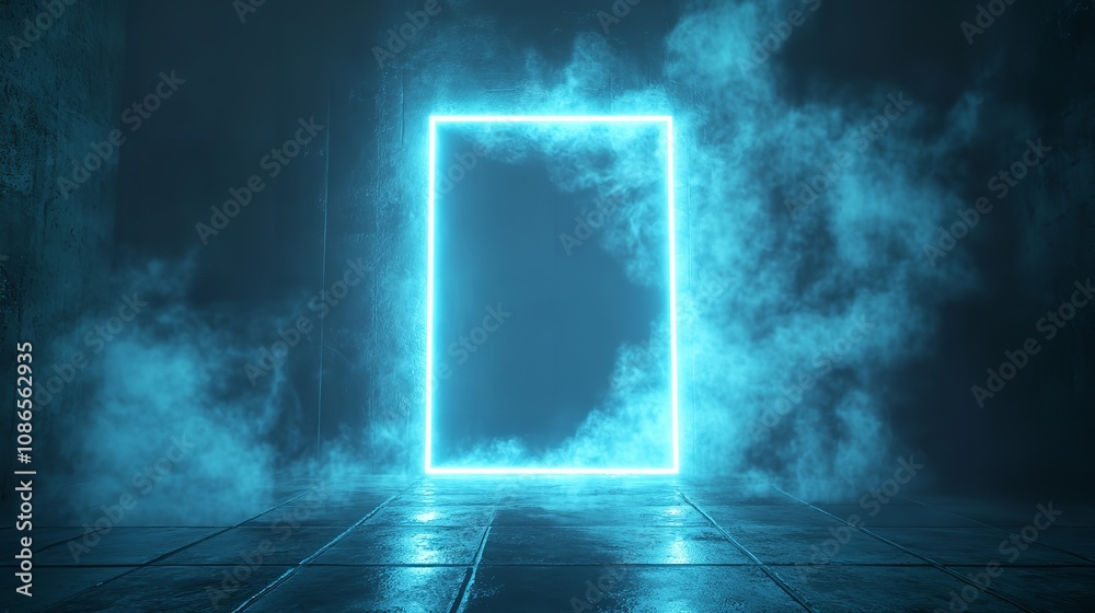 Obraz premium Neon Blue Square, Luxe Geometry on Cloudy Background with Rays, Modern Abstract Design
