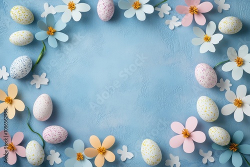 Minimalistic easter wreath with colorful eggs and paper flowers on blue background for holiday decoration