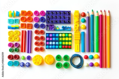 Flat-lay of vibrant children's toys like building blocks, colorful objects, ideal for playful and educational themes.