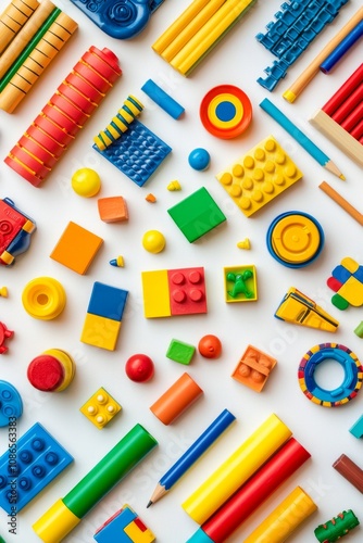 Flat-lay of vibrant children's toys like building blocks, colorful objects, ideal for playful and educational themes.