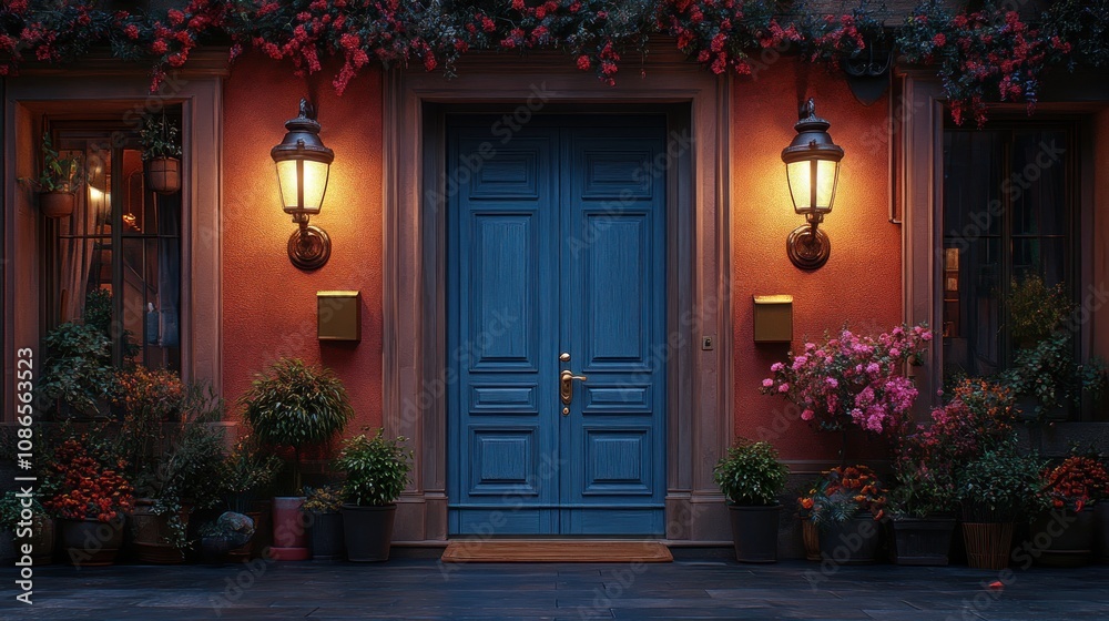 Charming entrance with a blue door and vibrant plants. Charming entrance with a blue door and vibrant plants.