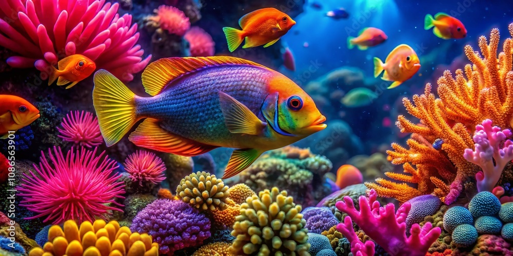 Fototapeta premium AI-rendered reef fish, low light, vibrant macro detail.