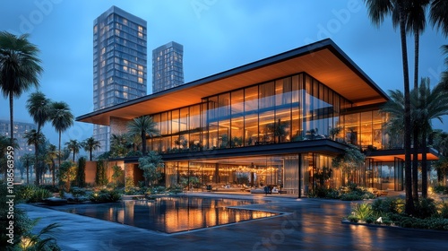 Modern glass house surrounded by palm trees at twilight.