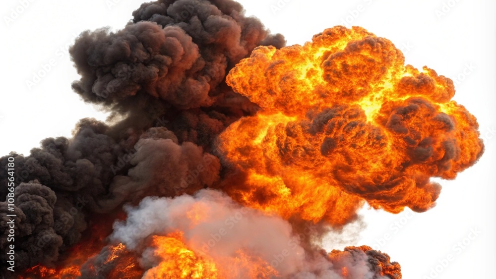 A large explosion in the air, featuring intense orange flames and thick, billowing smoke clouds, isolated on white background A large explosion in the air, featuring intense orange flames and thick, billowing smoke clouds, isolated on white background