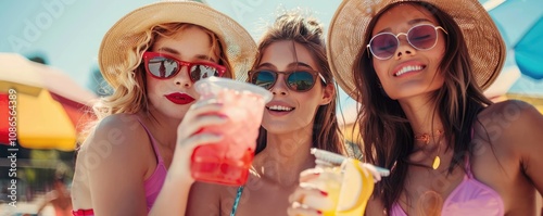 Women with tropical drinks at sunlit poolside bar