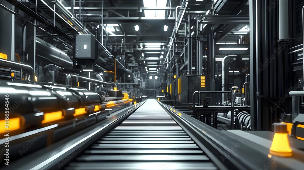 Interior of a Modern Industrial Factory Featuring a Conveyor Line and Advanced Machinery Interior of a Modern Industrial Factory Featuring a Conveyor Line and Advanced Machinery