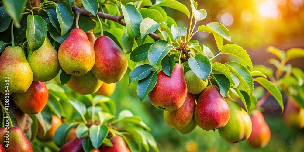 Obraz premium A vibrant pear tree laden with ripe fruit thrives in a lush garden, showcasing nature's bounty, ideal for