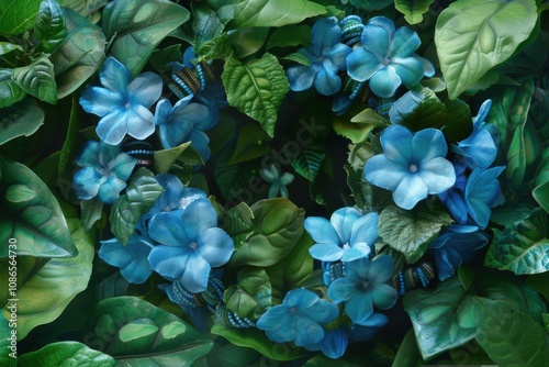 A vibrant wreath of blue flowers surrounded by lush green leaves.