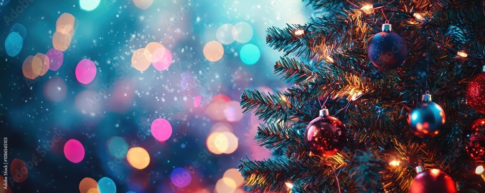 Banner of a decorated dark Christmas tree pine, surrounded by colorful bokeh lights in the background, enhancing the holiday spirit Banner of a decorated dark Christmas tree pine, surrounded by colorful bokeh lights in the background, enhancing the holiday spirit