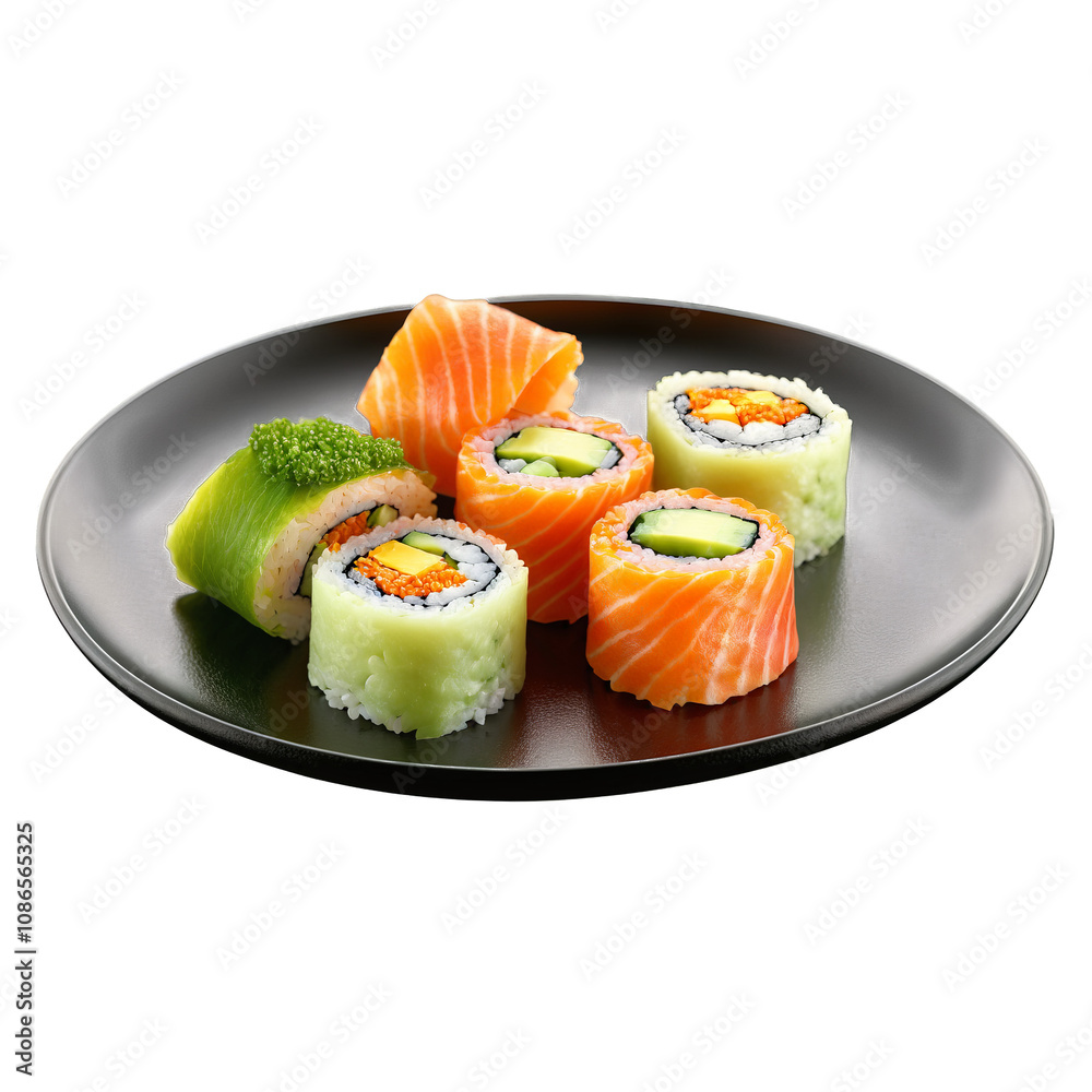Breakfast sushi colorful roll slices in glass plate wasabi smear Food and Culinary concept Breakfast sushi colorful roll slices in glass plate wasabi smear Food and Culinary concept
