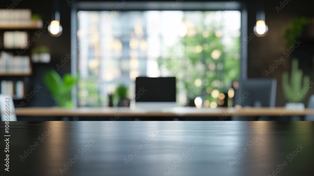 A modern workspace featuring a blurred foreground, plants, and a computer in a bright office with large windows during daylight A modern workspace featuring a blurred foreground, plants, and a computer in a bright office with large windows during daylight