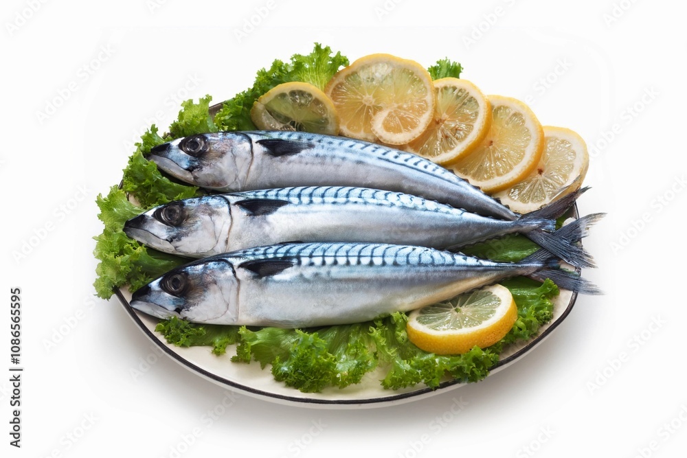Mackerel fish on a plate with slices of lemon. Fresh seafood. Isolated on white background. Top view Mackerel fish on a plate with slices of lemon. Fresh seafood. Isolated on white background. Top view