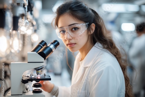Female scientist in lab coat using a microscope to analyze a sample in a research laboratory
