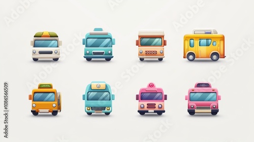 Travel bus icons for tourism, city transport, airport transfers, and public shuttle service.  photo