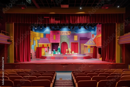 A colorful theater stage set for a performance, featuring vibrant buildings and props.