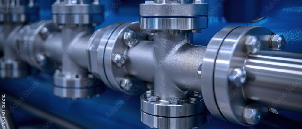 Industrial valve and pipe fittings with a blue background. Industrial valve and pipe fittings with a blue background.
