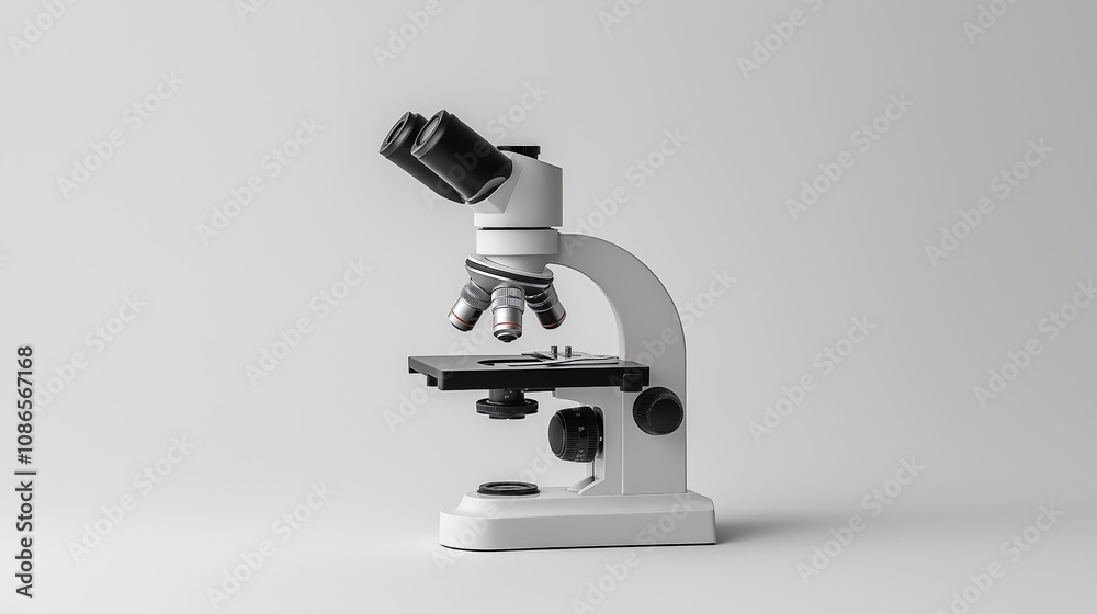 White microscope on table, microscope against white background. Light microscope White microscope on table, microscope against white background. Light microscope