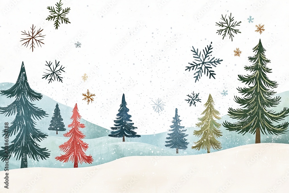 Obraz premium Whimsical watercolor illustration christmas theme, A serene winter landscape featuring various evergreen trees and delicate snowflakes against a soft, snowy backdrop.