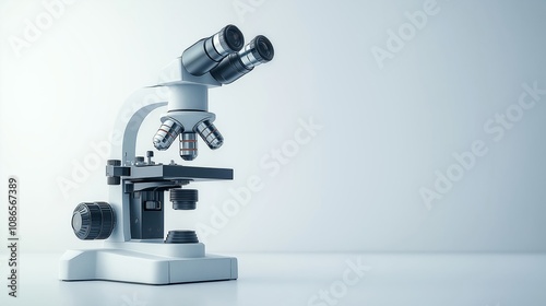 White microscope on table, microscope against white background. Light microscope