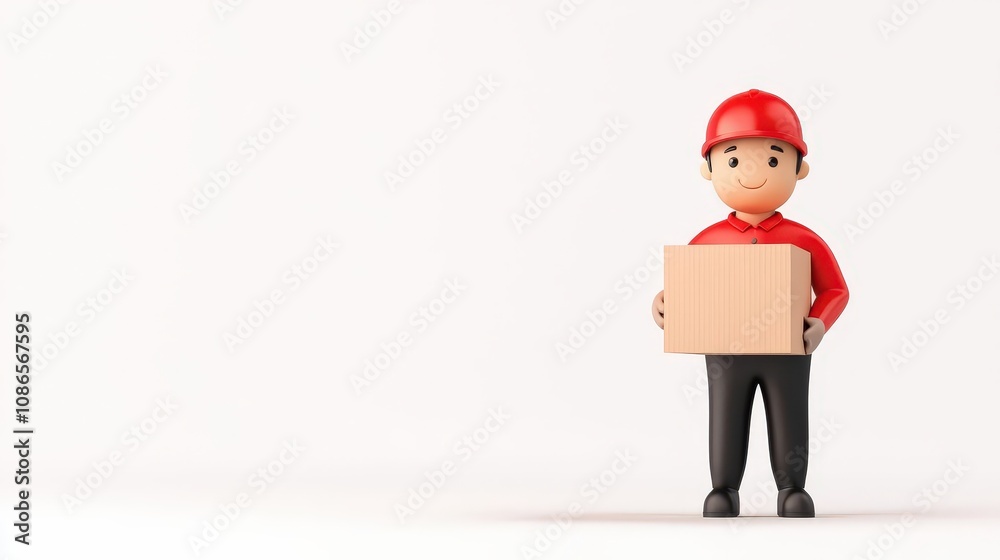 A delivery person with a box, claymation style rendering, isolated on white background