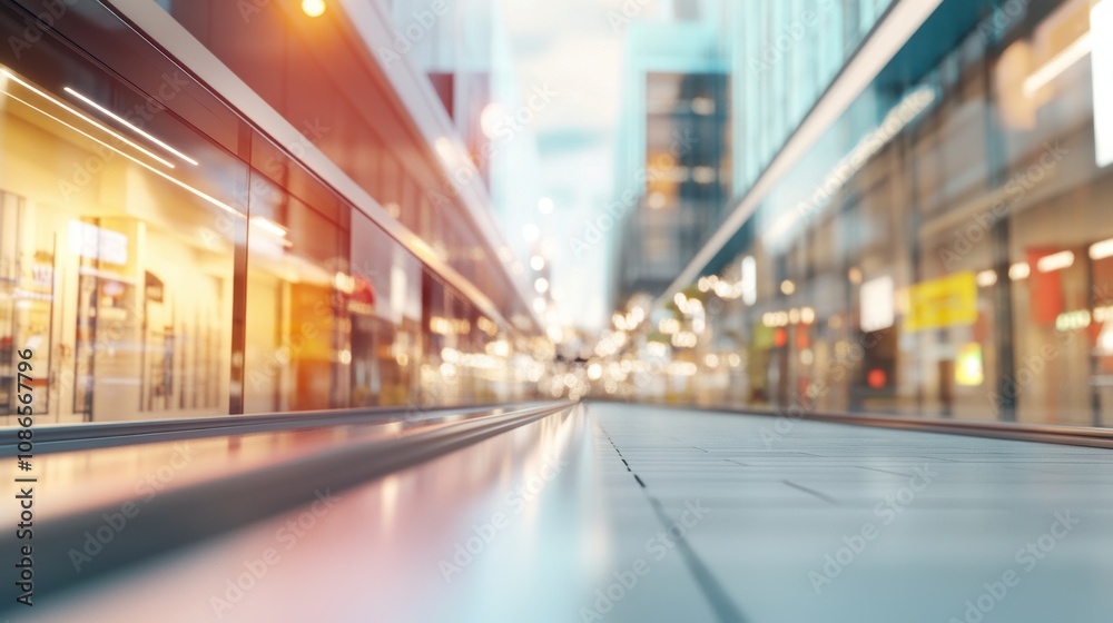 Obraz premium Urban landscape with tram tracks reflecting city lights in the evening showcasing modern architecture and vibrant atmosphere