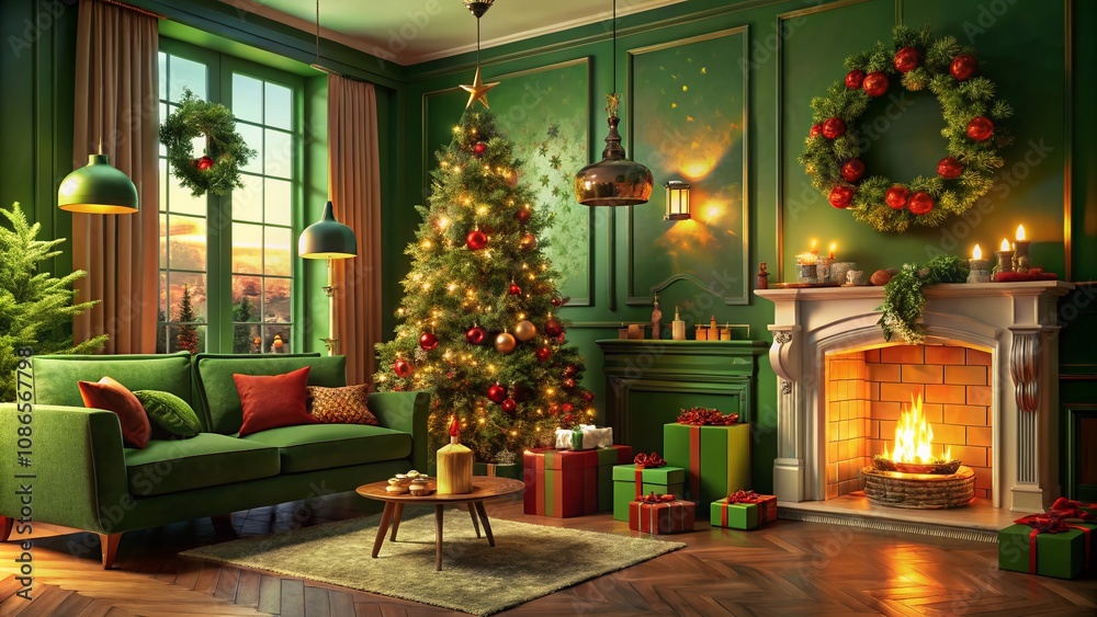 Green Christmas Interior, Festive Decor, Copy Space Green Christmas Interior, Festive Decor, Copy Space