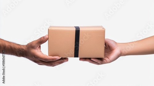 Closeup of hands handing over a package, hyperrealistic 3D, isolated on white background