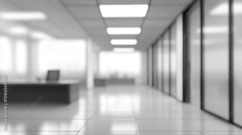 Fototapeta premium Modern office interior with sleek design and bright lighting, featuring a spacious corridor and workspaces during the day