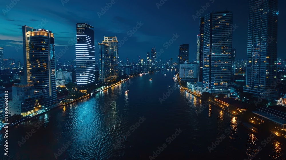 Fototapeta premium Vibrant Cityscape at Night Overlooking a River