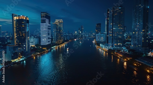 Vibrant Cityscape at Night Overlooking a River