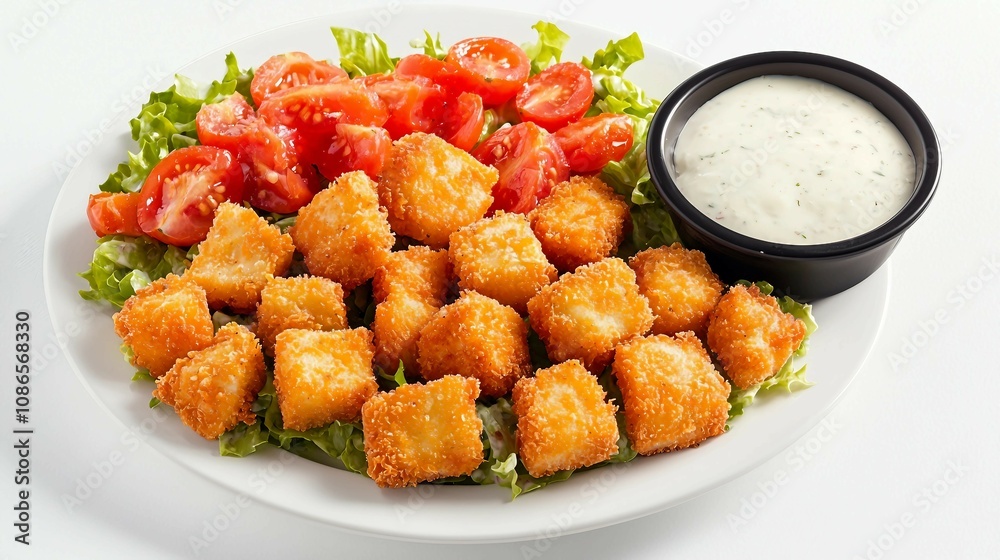 Crispy Golden Fried Cheese Cubes Accompanied by Fresh Tomatoes, Leafy Greens, and Creamy Dipping Sauce on a Plate Crispy Golden Fried Cheese Cubes Accompanied by Fresh Tomatoes, Leafy Greens, and Creamy Dipping Sauce on a Plate