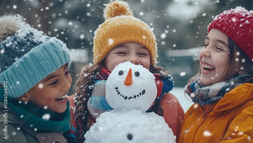Joyful Winter Day with Kids Creating a Snowman Together Joyful Winter Day with Kids Creating a Snowman Together