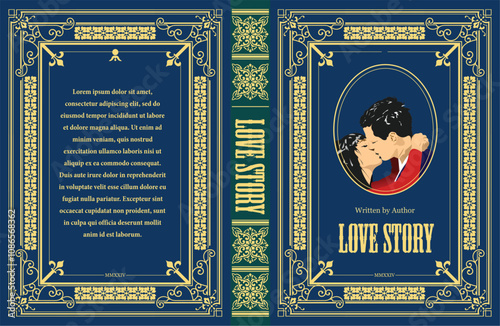 151-20-lRomantic book cover design showcasing a kissing couple, framed by elegant gold borders on a deep blue background, evoking classic literature and passionate tales