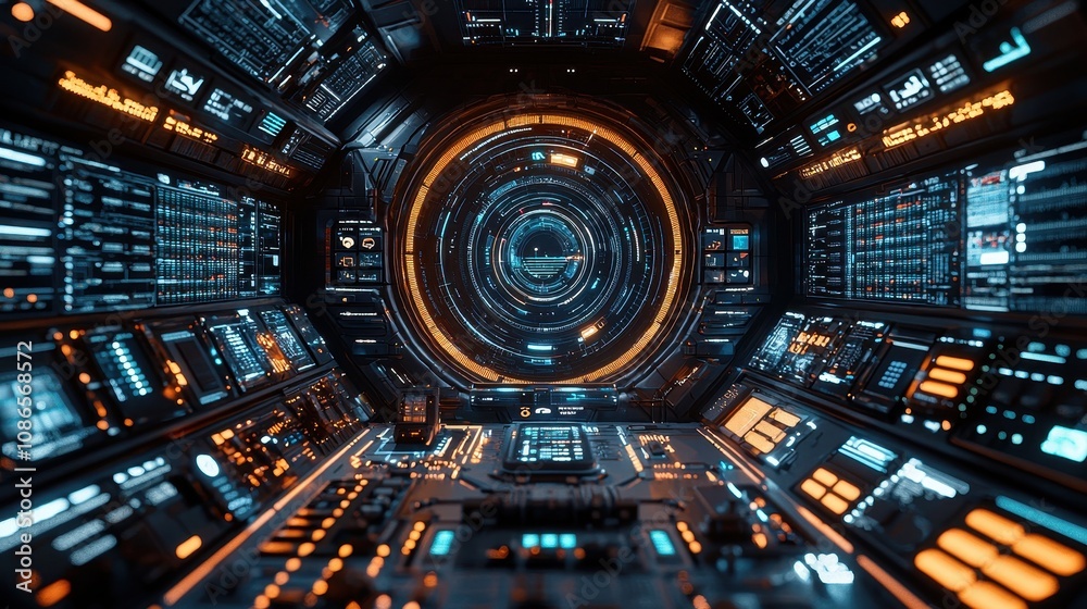 Futuristic Control Room Interior with Glowing Displays and Illuminated Panels Ideal for Science Fiction Themes, Technology Innovations, and Space Exploration Visuals Futuristic Control Room Interior with Glowing Displays and Illuminated Panels Ideal for Science Fiction Themes, Technology Innovations, and Space Exploration Visuals