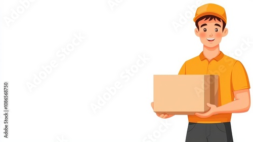 Delivery worker presenting a package, animestyle illustration, isolated on white background