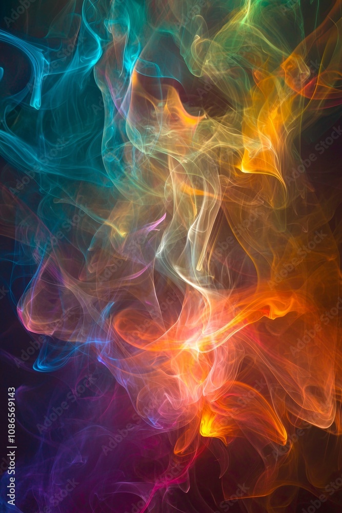 Fototapeta premium Swirling, colorful smoke patterns against a dark background, providing a mysterious and artistic texture for digital overlays. 