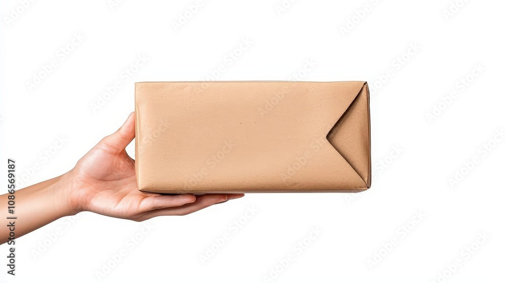 Hands delivering a package, ultrarealistic photography, isolated on white background