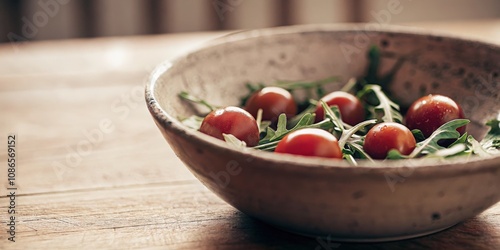 Wallpaper Mural Rustic Bowl of Cherry Tomatoes with Green Stems on a Wooden Table Torontodigital.ca