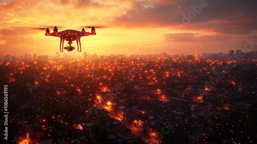 Drone Flying Over a City at Sunset with Dramatic Clouds and Sparkling Lights, Capturing a Beautiful Aerial Scene of Urban Landscape and Technology in Harmony