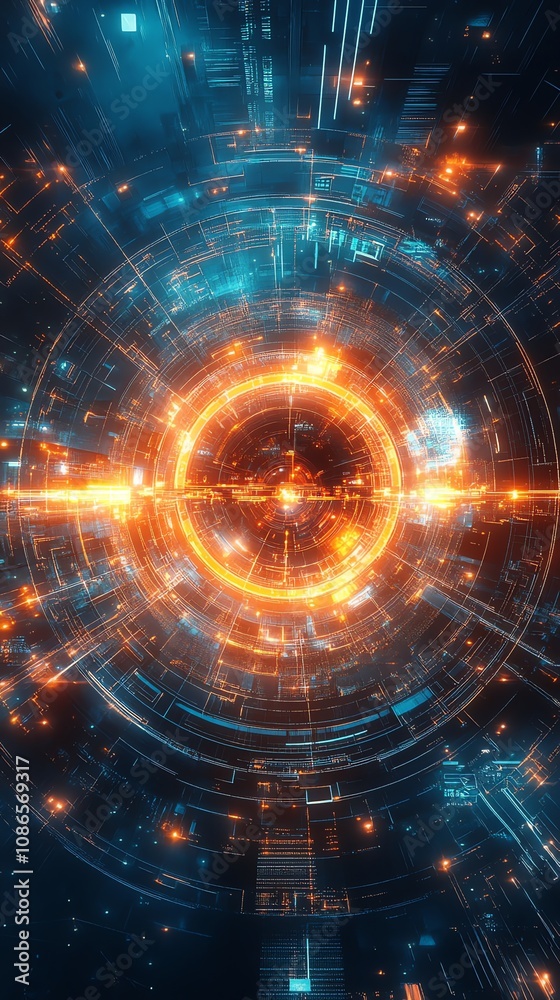 Fototapeta premium Abstract digital art with bright glowing rings and lines in blue and orange tones.