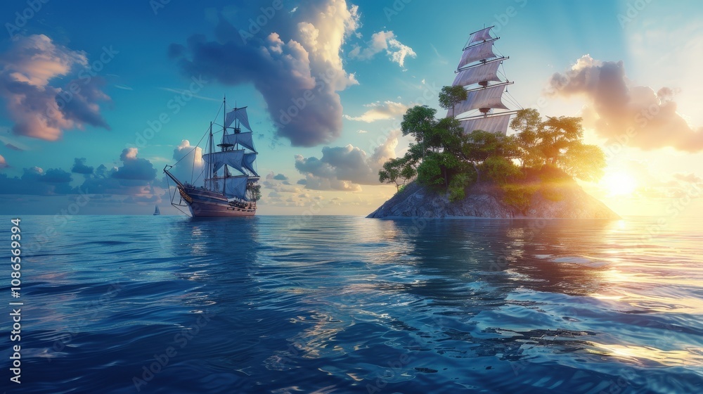 Serene Voyage with Sailing Ship and Tropical Island Serene Voyage with Sailing Ship and Tropical Island