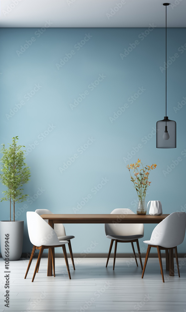 Modern Dining Room Interior Light Blue Wall Wooden Table White Chairs