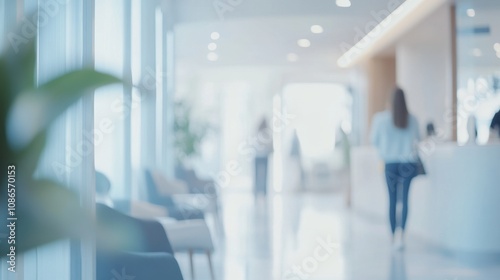 Bright and airy reception area with people walking by in a modern building during the day