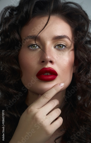 Woman with vibrant curly hair and bright red lips holds her chin thoughtfully, highlighting her facial features. neutral background enhances her captivating presence and charm