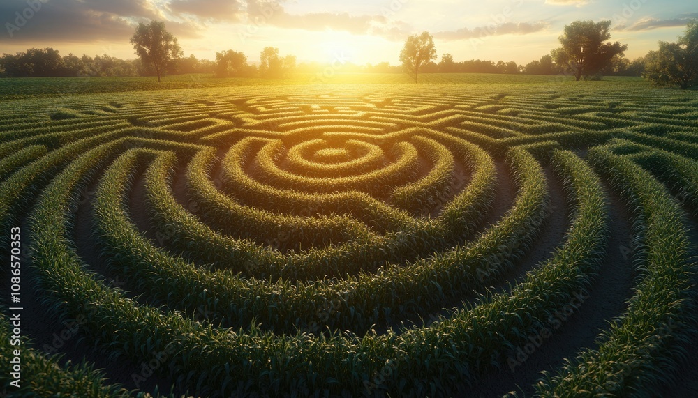 A maze of green crops in a field, illuminated by the setting sun. This image can be used for concepts of confusion, exploration, or finding your way. A maze of green crops in a field, illuminated by the setting sun. This image can be used for concepts of confusion, exploration, or finding your way.