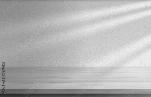 Marble Table with White Stucco Wall Texture Background with Light Beam and Shadow, Suitable for Product Presentation Backdrop Display and Mock up. banner, table top, shelf, counter design for food
