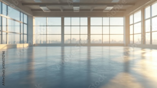 Modern empty office space with large windows overlooking a city skyline at sunrise