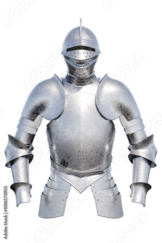 full suit of shiny silver armor stands upright, showcasing intricate designs and sturdy construction. This historical piece represents the valor and craftsmanship of medieval warriors