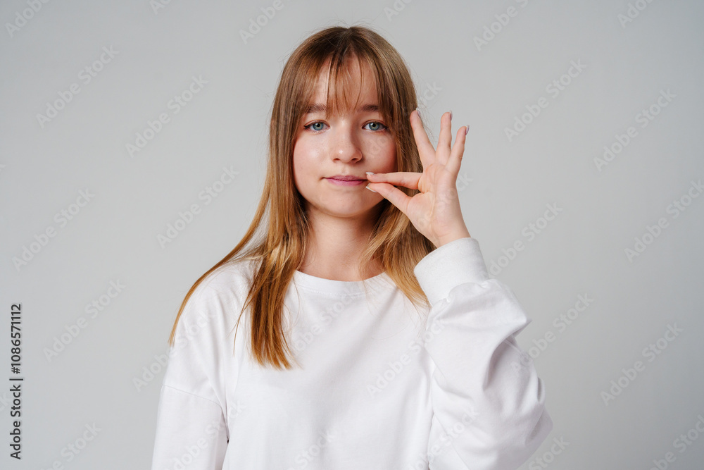 A young woman holding her finger to her lips, signaling silence in a minimalist studio A young woman holding her finger to her lips, signaling silence in a minimalist studio