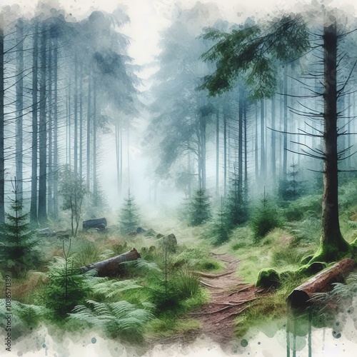 Watercolor Forest in Fog – A dense forest with fog softened an photo